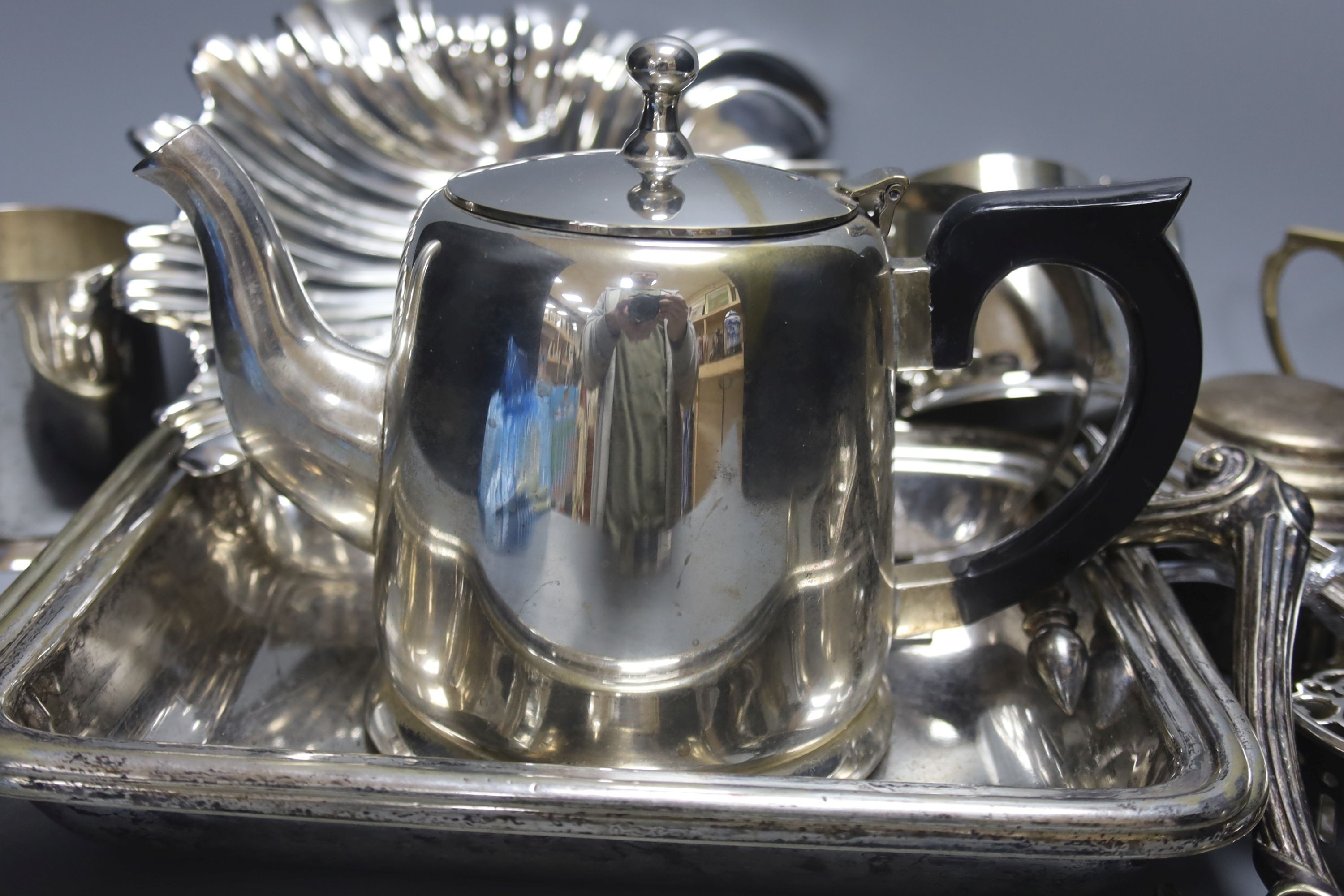 Assorted plated wares including hotel plate, entree dish and cover and claret jug mounts.